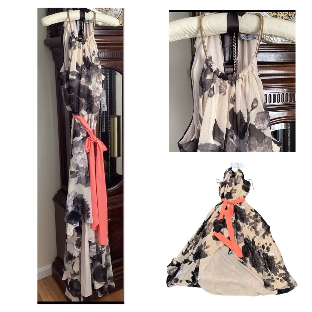 🪻 NWT Eliza J Sleeveless Stunning Dress With Black Floral & Peach Belt